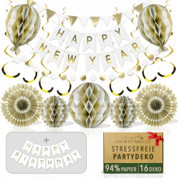Premium Wiederverwendbare Party Deko - Silvester Deko 2025 - Mehrzweck Girlande Happy New Year buchstabiert auch Happy Birthday - Happy New Year 2025 Deko / Geburtstagsdeko Gold Weiß Weiß & Gold