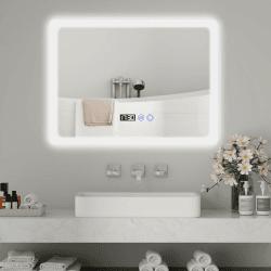 YOURLITE Badspiegel mit Beleuchtung LED 80x60cm, Badezimmerspiegel mit Touch Schalter, Einstellbare Helligkeit, mit Zeit- und Temperaturanzeige, Beschlagfrei, Ip44 Weiß