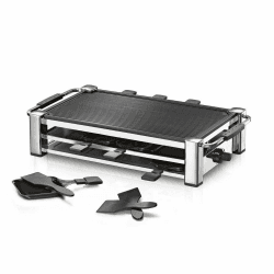 ROMMELSBACHER RCC 1500 Raclette-Grill (extra langes Kabel (2m), Tischgrill für 8 Personen, gerippte Alu-Druckguss-Grillplatte, Xylan Plus Antihaftbeschichtung, Parkdeck, 1500 W) chrom 8 Pfännchen