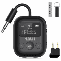 1Mii SafeFly Min+ Bluetooth Sender und Empfänger, Bluetooth Adapter für Flugzeuge, 2 Geräte können angeschlossen Werden, Verwendung mit jeder 3,5-mm-Buchse in Flugzeugen, Fitnessgeräte, Schwarz Black