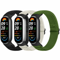 Bcuckood Elastisches Armband kompatibel mit Xiaomi Smart Band 9/ Xiaomi Smart Band 8 Damen Herren, dehnbares Uhrenarmband weiches elastisches Nylon Ersatzarmband für Xiaomi Mi Band 9/8, 3 Stück Schwarz+Beige+Olivgrün