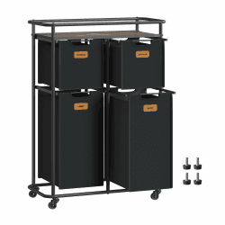 VASAGLE Wäschesortierer, Wäschetrenner mit Rädern, 150 L, Wäschekörbe, beweglicher Wäschewagen mit Ablage, 4 abnehmbare Taschen, 6 Etiketten, tintenschwarz-kastanienbraun RLS100B01