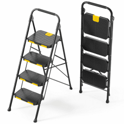KINGRACK Leiter 4 Stufen, trittleiter 4 Stufen klappbar, mit rutschfestem, breitem Pedal und Handläufen, leichte Haushaltsleiter für Ihre Küche, Speisekammer, Schränke, Büro (Schwarz, Step Ladder) Schwarz leiter 4 stufen