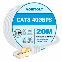 VOIETOLT Cat8 Lan Kabel 20M mit Clips, 40Gbps/2000MHz Flach Schirmung Hochgeschwindigkeit Netzwerkkabel, STP RJ45 Gigabit Cat-8 Ethernet Kabel für PS4/5, für Modem, für Router (weiß) 20Meter Weiß