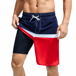 Arcweg Badehose für Herren Badeshorts mit Kompression 2 in 1 Schnelltrocknende Strandshorts Männer Elastisch Surf Shorts mit Reißverschlusstaschen XS-2XL XL Große Größen Tall Marine-weiß-rot