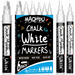 Maqhpu Weiß Kreidestifte für Fenster & Tafel Abwaschbar, 6 Stück Kreidemarker Fenster, Whiteboard Marker Fenstermalstifte Fensterstifte Tafelstifte für Glas & Gewürzgläser(1mm, 3mm, 6mm, 10mm) 1mm，3mm，6mm，10mm
