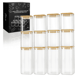 LIBWYS 12er Set Vorratsgläser mit Bambusdeckel Eckig Vorratsdose Glas - in 2 Größen : 1000ml; 600ml 12pcs