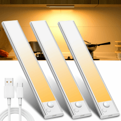 Unterbauleuchte Küche Led Schrankbeleuchtung Bewegungsmelder - Warmweiß 3 Stück 20 CM Licht USB Aufladbar Innen Batterie Aufladbar Led Schrank Leiste Lampe für Kleiderschrank Unterschrank Küchen 20CM-3 Stück Warmweiß