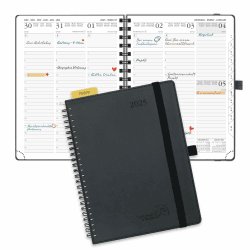 POPRUN Kalender 2025 Wochenplaner Ringbuch mit Softcover, ca. A5 (22 x 16,5 cm), 12-Monate-Terminplaner (Jan.2025-Dez.2025) 1 Woche 2 Seite mit 100 GSM FSC®-Zertifiziertem Papier - Schwarz Schwarz 22 x 16,5 cm