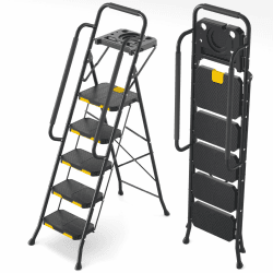 KINGRACK Leiter 5 Stufen mit Werkzeugplattform, trittleiter 5 Stufen klappbar mit Handläufen, stabile Stahlleiter mit breitem Pedal, tragbare Sicherheitsleiter für Erwachsene Malerei Haus Schwarz leiter 5 stufen mit Werkzeugablage