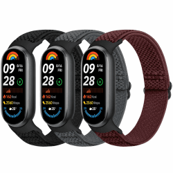 Bcuckood Elastisches Armband kompatibel mit Xiaomi Smart Band 9/ Xiaomi Smart Band 8 Damen Herren, dehnbares Uhrenarmband weiches elastisches Nylon Ersatzarmband für Xiaomi Mi Band 9/8, 3 Stück Schwarz+Grau+Weinrot