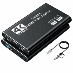XIIXMASK Video Capture Card, Audio Video Capture Card, USB 3.0 Capture Card 4K HDMI Loop-Out, 1080P 60FPS/2K 30FPS Videospiel-Capture für Streaming, funktioniert für PS5/Switch/Kamera/PC/OBS Schwarz