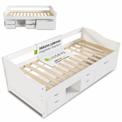 Juskys Funktionsbett Nalu 90x200 cm - Holz Bett mit Lattenrost & Schubladen - Stauraumbett für Kinder - Jugendbett, Kinderbett, Gästebett - Weiß