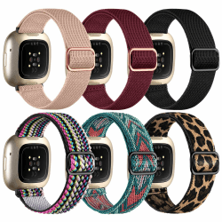 IMIVIO 6 Stück Kompatibel mit Fitbit Versa 3 Armband/Fitbit Versa 4 Armband/Fitbit Sense Armband/Fitbit Sense 2 Armband, Weiches Elastisch Ersatz Nylon Sport Band für Damen/Herren, Multi Farben Hellrosa/Weinrot/Schwarz/Bunt/Grüner Pfeil/Leopard