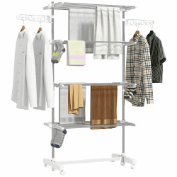 HOMCOM Wäscheständer Turm mit Rollen, Klappbarer Wäschetrockner mit Flügeln, Höhenverstellbar für Indoor & Outdoor, Stahl 142 x 55 x 172 cm, Weiß 142 x 55 x 172 cm Weiß