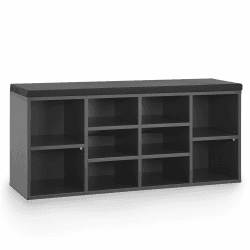 Juskys Schuhregal Holz mit Polsterung, Stoff & 10 Fächern höhenverstellbar 104x30x48 cm - Regal mit Sitzbank bis 150 kg - Dunkelgrau/Schwarz