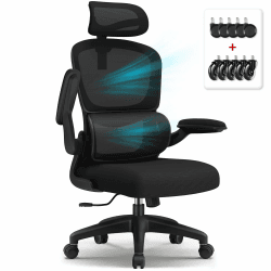Aiidoits Bürostuhl, Bürostuhl Ergonomisch mit Verstellbarer Kopfstütze, Lendenwirbelstütze und Klappbaren Armlehnen, Chefsessel Bürostuhl 150 kg, Ergonomischer Bürostuhl Wippfunktion bis 135° Schwarz Mit Gummirollen