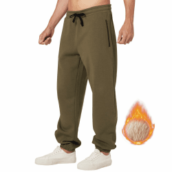 ineepor Jogginghose Herren Baumwolle Thermo Dicke Breite Jogginghosen Baggy Warme Sherpa Gefütterte Weit Gym Sporthosen Winter Track Pants mit reißverschluss Taschen L Olivengrün