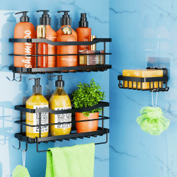 Gobikey Duschablage Ohne Bohren, 3 Stück Duschablage mit 4 Haken, Duschregal Ohne Bohren für Shampoo und Duschgel, Langlebige Badregal Bathroom Organizer Schwarz