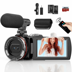 4K-Camcorder, 64 MP 60 FPS Vlogging-Kamera mit kabellosem Mikrofon für YouTube, Ultra HD 7,6 cm Flipscreen, 21 x Digitalzoom Videorecorder-Kamera mit 64 GB SD-Karte, Fernbedienung und 2 Batterien