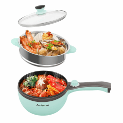 Audecook Elektrische Hot Pot mit Dampfgarer,Elektrische Bratpfanne, Hot Pot Topf 20cm, Antihaft Mini elektropfanne, Multikocher mit Dual Power Control für Wohnheim (A (grün/1,5 l mit Dampfgarer))