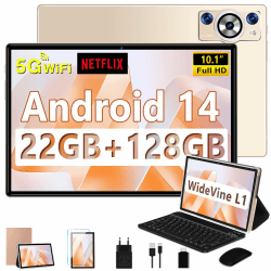 Tablet 10 Zoll Android 14 Tablet mit Tastatur, Octa-Core 2.0Ghz, 5G+2.4G WLAN, 22GB RAM+128GB ROM TF 1TB, 8000mAh, BT 5.0, GPS, Widevine L1, Gesichtserkennung, 1280*800, 8+5MP, Tablet mit Maus, Gold E9 Gold