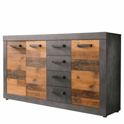 trendteam smart living - Indy - Kommode - Alteiche/Grau Matt - Sideboard in rustikaler Optik - (BxHxT) 151 x 86 x 37 cm - 4 Schubladen und 3 Türen - antikfarbene Griffe