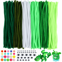 Pfeifenreiniger Grün 5 Verschiedene mit Weiß, 200 Stück Chenilledraht Pfeifenputzer zum Basteln, 30cm x 6mm Pfeifenreiniger zum Basteln mit Wackelaugen und Bunte Pompons für DIY Handwerksprojekte