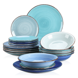 Tafelservice Steingut, vancasso BONITA 18-teiliges Kombiservice, Ess Geschirrset für 6 Personen, je 6 Speiseteller, Suppenteller und Dessertteller Blaue Serie Set of 18 Blaue Serie