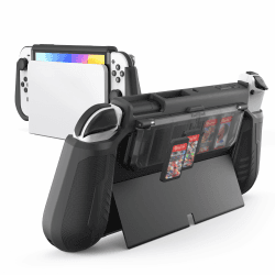 KIWIHOME Switch OLED Hülle mit Spiele Aufbewahrung im Flip Design, Dockbare Schutzhülle für Nintendo Switch OLED 2021, Tragbare TPU Griffhülle für 7 Zoll und Joy-Con-Controller, Schwarz