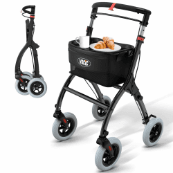 VOCIC Z32 Rollator Schmal für Wohnung,Indoor Rollator Faltbar und Leicht,Stabiler Wohnungsrollator mit Spuer Leiser Anti-Rutsch Reifen,Rollatoren für Senioren Klappbar Tablett,Schwarz|5 Jahre Garantie