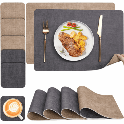 Myir JUN Tischsets Abwaschbar und Untersetzer, Platzsets Abwaschbar Und Leder Untersetzer 6er Set, Doppelseitigen Platzdeckchen Abwischbar Antifouling rutschfest, Tischset Abwaschbar für Speisetisch 6er Set Grau/Gelb