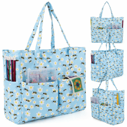 Aeeque Große Handarbeitstasche, Tragbare Stricktasche Garn Organizer, Basteltasche zum Aufbewahrung Häkelzubehör Häkelnadeln und Strickenadeln, Häkelprojekte Aufbewahrungstasche, Blaue Bienen