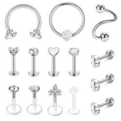 Rajnard Tragus Piercing Helix Piercing Chirurgenstahl Knorpel Ohrpiercing Ohrstecker Ohrring 16G CZ Barbell Piercing Labret Monroe Schmuck Damen Männer 14stk Silber Set-3