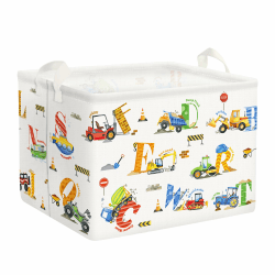 Clastyle 36L Groß Buchstabe Baufahrzeug Bagger Kinder Aufbewahrungskorb mit Henkel Weiß Rechteckig Spielzeug Kleidung Aufbewahrungsbox für Kinderzimmer Bad 40*30*30 cm