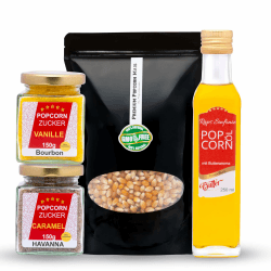 Hopser Food Fun Partyset 500g Popcornmais,250ml Popcornöl mit Butteraroma,150g Popcorn-Zucker Vanille und 150g Karamellzucker Popcornset für Popcornmaschine Popcorn Set 2