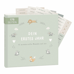 mintkind® Babyalbum "Mein erstes Lebensjahr" Salbei + Sticker Set | Baby Fotoalbum zum Selbstgestalten | Baby Geschenk für Mädchen und Junge | Babybuch zum Eintragen | Baby-Tagebuch ab 0 Monate mit Stickerset Salbei