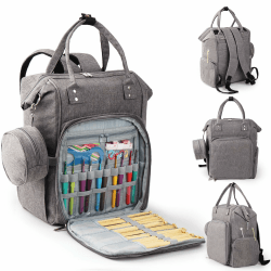 Aeeque Große Rucksack zum Häkeln und Stricken, Handarbeitstasche Aufbewahrung Wolle Häkelzubehör, Basteltasche mit Garnloch, Tragbare Garntasche, Stricktasche für Unterwegs, Aufbewahrungstasche Grau