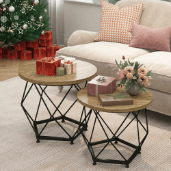 Matoresu Couchtisch Rund 2er Set, Wohnzimmertisch Klein, Beistelltisch, Nachttisch, Sofatisch, Satztische for Wohnzimmer, Schlafzimmer, Balkon, Büro Terrabraun & Tinten Schwarz