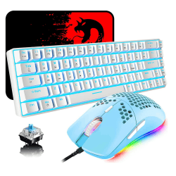 Tastatur und Maus Gaming Set, 68 Tasten Blauer Schalter 60% Mini Eisblaue Backlit Mechanische Tastatur Weiß, 6400DPI Leichte Programmierbar Maus Grün, USB-Kabel, Kompatibel mit Windows Mac PS4 BlueSwitch CoolBlue Backlit Keyboard White + Green Mouse