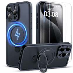 TOCOL 3 in 1 für iPhone 15 Pro Max Hülle mit Magic Ständer für MagSafe, mit 2 Schutzglas, Vollständiger Kameraschutz Stoßfest Kratzfest Handyhülle für iPhone 15 Pro Max Case, Schwarz iPhone 15 Pro Max Ständer