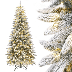 Yorbay Künstlicher Weihnachtsbaum Slim mit Beleuchtung LED Tannenbaum für Weihnachten-Dekoration, Schneebeflockt, Schmal, Weiß, 180cm Warmweiß 180 cm