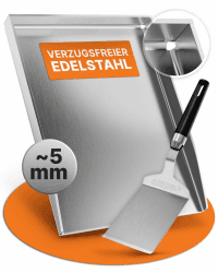 AMZBBQ® Premium Plancha Set - 40 x 30 cm - ca. 5 mm massiver Edelstahl - 20% stärker als herkömmliche Planchas - Grillplatte für Gas- & Kohlegrill - inklusive Grillspachtel 40 x 30 cm - Universalgröße Edelstahl