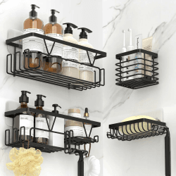 Kegii 4er Set Duschablage, Badezimmer Duschregal ohne Bohren Organizer, Shampoo Halterung für Dusche, Badregal aus Edelstahl, Schwarz Schwarz-4