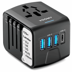 VOOMY Reiseadapter Weltweit, Universal Reisestecker mit 3USB, 1USB, 1AC Steckdose, Reiseadapter Europa USA Mexiko Australien Thailand, Reiseadapter Usa, Reisestecker Adapter Weltweit, Travel Adapter 3 USB und 1 USB C