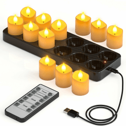 Yme Aufladbare Teelichter mit Timerfunktion & Ladestation, 12er LED Teelichter Wiederaufladbar Kerzen Flackernd mit Fernbedienung Timer für Zimmer Wohnzimmer Halloween Kürbis Weihnachten Party Deko