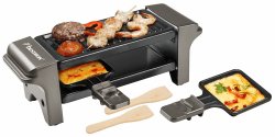 Bestron Raclette für 1 bis 2 Personen, Mini Tischgrill mit zwei Pfännchen, zwei Holzschabern & zwei Untersetzern, 350 Watt, Farbe: Titangrau