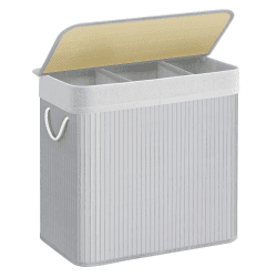 SONGMICS Wäschekorb 3 Fächer, 150 L Wäschesammler mit Deckel, Wäschebox Bambus, mit Griffen, faltbar, Wäschesack herausnehmbar maschinenwaschbar, Waschküche, grau LCB091G01 150L Grau