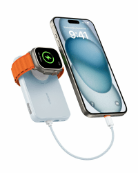 VEGER Mini Power Bank 20W PD, 10000mAh Powerbank mit Eingebautem Apple Kabel, mit Apple Watch Laden, 2x USB-C, Externer Handyakkus LED Display kompatibel mit iPhone, Apple Watch(9-1), Handys usw(Blau)