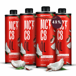 BRAINEFFECT MCT-Öl C8 - Bildet 300% mehr Ketone als andere MCT-Öle (100% C8) - Ketogene Ernährung - Reiner Extrakt aus Kokosnussöl - Ideal für ketogene Diät & Bulletproof Coffee 4x 1000ml
